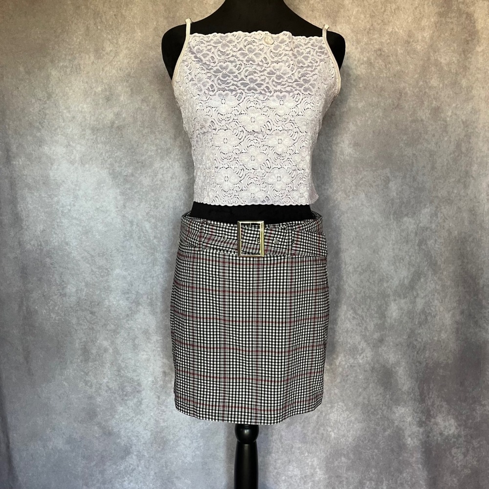 Vtg 90s Y2K Plaid Mini Skirt Lg Black White Red‎ Wide Silver Belt Clueless EUC